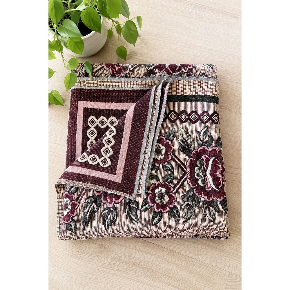 Vintage Woven Floral Tapestry Blanket Burgundy Roses Cottagecore Throw Coverlet